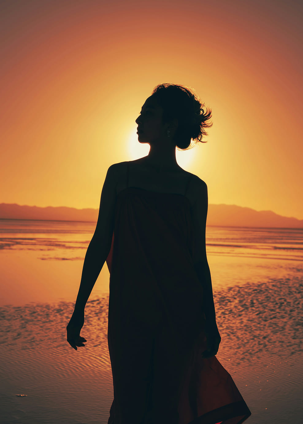 夕焼けの海に立つ女性の姿